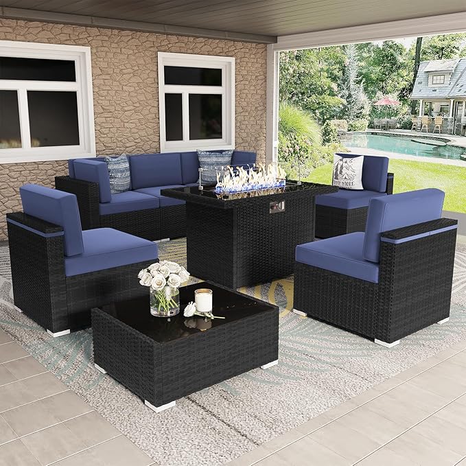 8 Pieces Patio Furniture Set with 44" Propane Gas Fire Pit Table, Outdoor Sectional Wicker Conversation Sofa Sets with Coffee Table