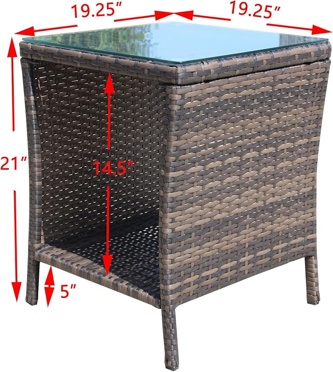 IRONORA Outdoor Wicker Side Table Patio Side Tables for Outside, Tempered Glass Top Wicker Table with Storage End Table for Balcony Porch Deck