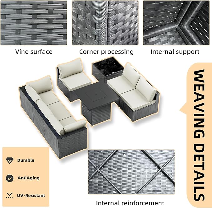 Patio Furniture Set with Fire Pit, All-Weather Outdoor Sectional Patio Furniture Set Including 7-Seated Sofa, 28" Gas Fire Pit Table,Coffee Table for Any Patio,Light Grey