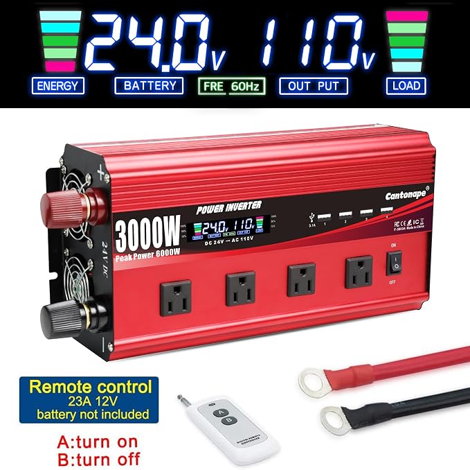 Cantonape 3000W Power Inverter 24V to 110V/120V DC to AC with LCD Display, Remote Controller 4 x AC Outlets and 4 x 3.1A USB Car Adapter for Car Truck Boat RV Solar System