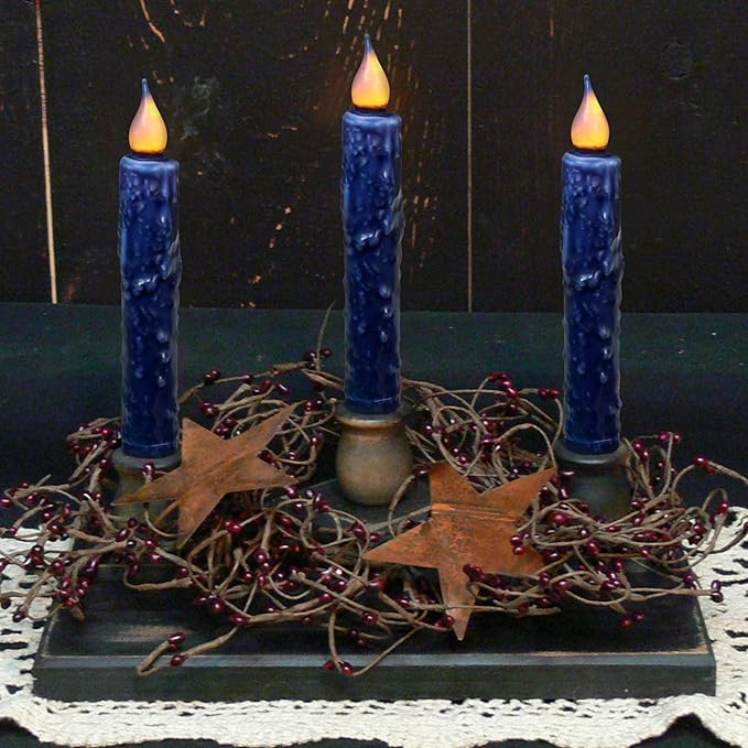 CVHOMEDECO. Real Wax Hand Dipped Battery Operated LED Timer Taper Candles Rustic Primitive Flameless Lights Decor, 6-3/4 Inch, Navy Blue, 3 PCS in a Package