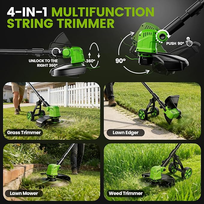 14" Electric String Trimmer Cordless Battery Powered Weed Eater with Wheel, 3-in-1 Cordless Grass Trimmer/Electric Weed Wacker/Edger, Weed Trimmer with 8 Replacement Spools for Garden, Lawn (Green)
