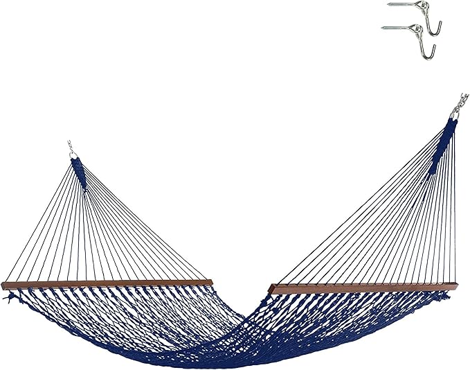 Hatteras Hammocks Deluxe Navy Duracord Rope Hammock with Free Extension Chains & Tree Hooks, Handcrafted in The USA, 450 LB Weight Capacity, 13 ft. x 60 in