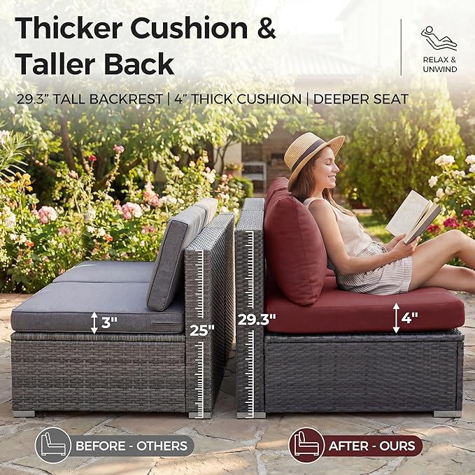 NICESOUL 13 Piece Outside Patio Set with Fire Pit Table, Non-Fading All Weather Deck Furniture Sets with Sun Loungers, Comfy Big Exterior Seat 10-Seater for Garden, Grey Wicker & Burgundy Cushion