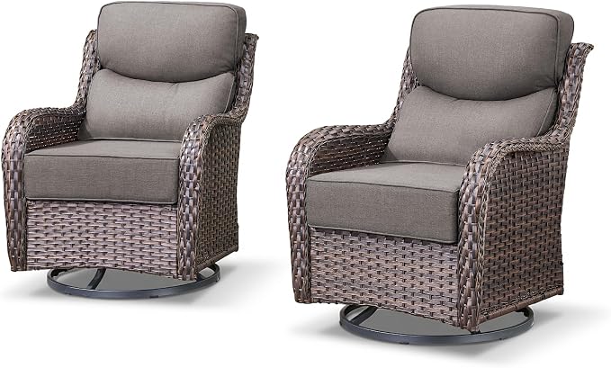 Luxury Outdoor Patio Furniture Set-High Back Outdoor Swivel Chairs Set of 2 with 6" Thick Cushions Wide Armrest All Weather Patio Conversation Sets for Deck Porch Balcony(Brown/Grey)