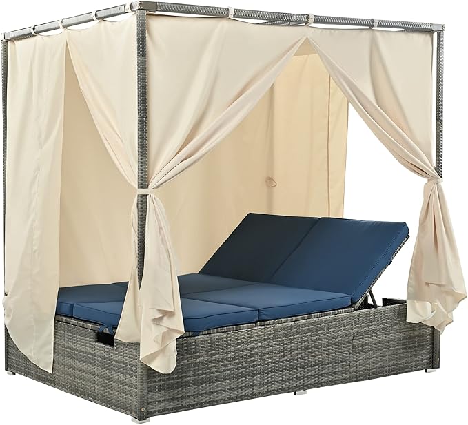KEVINSPACE Outdoor Daybed with Curtain Canopy Bed Patio Furniture Adjustable Sunbed Set All-Weather Rattan Sun Lounger Patio Wicker Sofa Set Patio Conversation Set Curtains for Garden Yard Blue