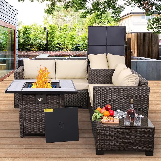 WAROOM Patio Furniture Set 5 Pieces Outdoor Conversation Sets PE Rattan Couch Loveseat Resin Wicker Sectional Sofa with Storage Box Coffee Table and Propane Fire Pit, Khaki Cushion