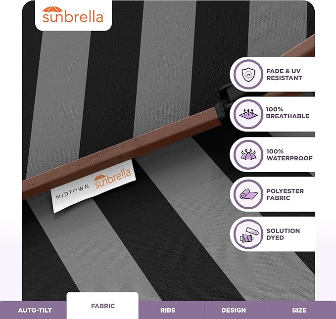 Midtown Umbrellas Wooden 2-8 Ft Patio Umbrella with 360° Swivel & Tilt Mechanism, 8 Fiberglass Ribs & Sunbrella Fabric - Outdoor Umbrella for Deck, Pool & Garden - Burgundy Canopy, Wooden Pole