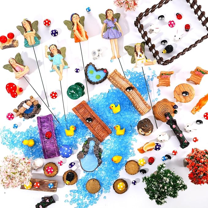 100 Pcs Fairy Garden Accessories Miniatures Figures Kit | Micro Landscape Terrarium Ornaments Resin Mushroom Animal Fake Pond Lawn Bridge Garden Decoration