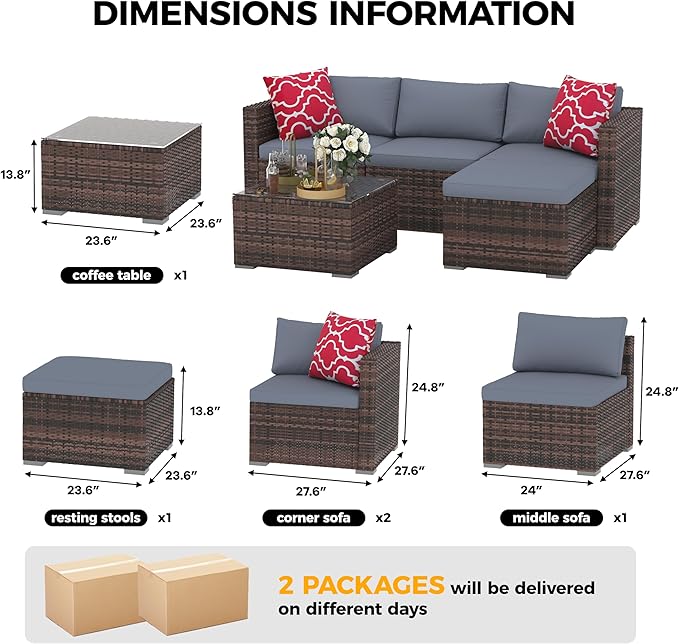 5-Piece Patio Furniture Set, All-Weather PE Rattan Sectional Sofa, Modular Outdoor Conversation Set with Metal Frame, Brown & Grey