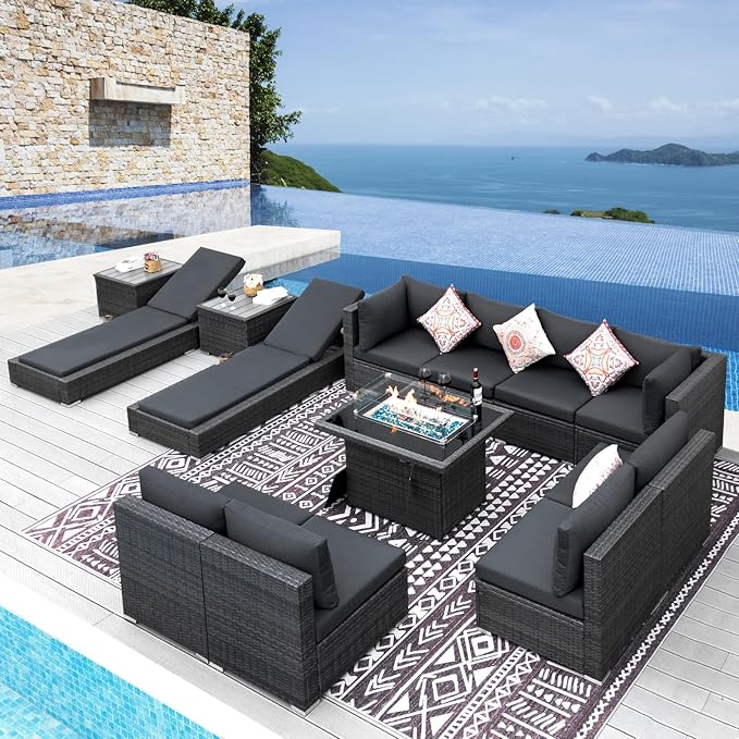 NICESOUL 13 Piece Patio Furniture Set with Fire Pit Table, Luxury Wicker Outdoor Sectional Sets with Loungers, Comfortable Highback Extra Large Size Wide Deep Seating Group Sofa for Outside, Dark Gray