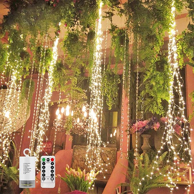 SHUKAN 220 LED Firefly Bunch Lights Battery Operated, 8 Flashing Modes Waterproof Copper Wire Waterfall Lights, Remote Controlled Timer and Hooks, Fairy Lights for Indoor Outdoor Decor (Warm White)