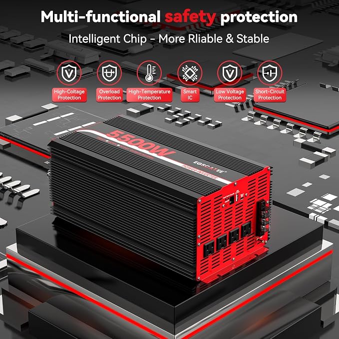 5500W Power Inverter 12V DC to 120V AC, 11000W Peak Off-Grid Solar Converter for 12V Battery Bank, RV, Truck & Home Backup Power System, 4 AC Outlets, USB & Type-C Port, LCD Remote Controller