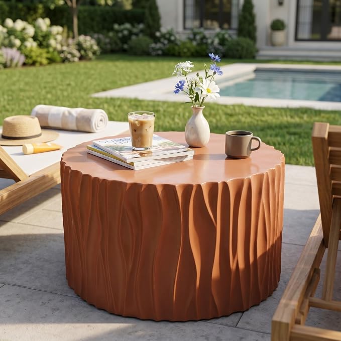 Terracotta Round MGO Coffee Table, Wave Textured Cylindrical Side Table, Indoor & Outdoor Multi-Use Accent Table for Living Room Patio Garden