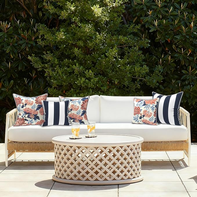 LVTXIII Outdoor Throw Pillows 18x18 Patio Waterproof Square Pillows with Piping Fade Resistant Accent Pillow for Spring Summer Garden Decoration, Set of 2, Red Chrysanthemum