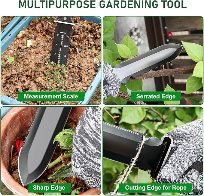 Hori Hori Garden Knife, Garden Tools with Sheath for Planting,Weeding,Digging, 7" Stainless Steel Soil Knife with Cutting Edge, Full Tang Wood Handle with Hanging Hole, Black