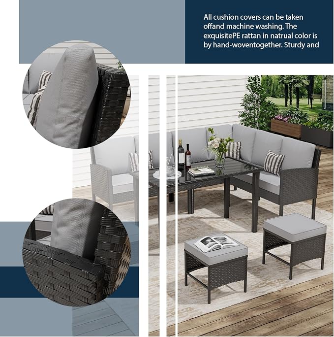 7-Piece Outdoor Patio Furniture Set, Wicker Sectional Sofa with Seat & Back Cushions & 3 Pillows, All-Weather Conversation Set with Long Glass Coffee Table for Garden, Porch, Lawn, Gray