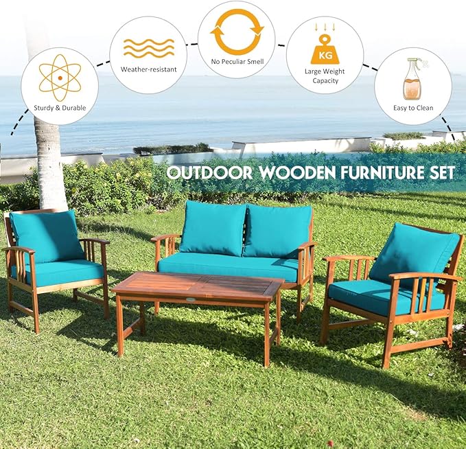 Tangkula 4 PCS Acacia Wood Patio Furniture Set, Outdoor Seating Chat Set w/Gray Cushions Back Pillow, Outdoor Conversation Set w/Coffee Table for Garden, Backyard, Poolside (Turquoise)
