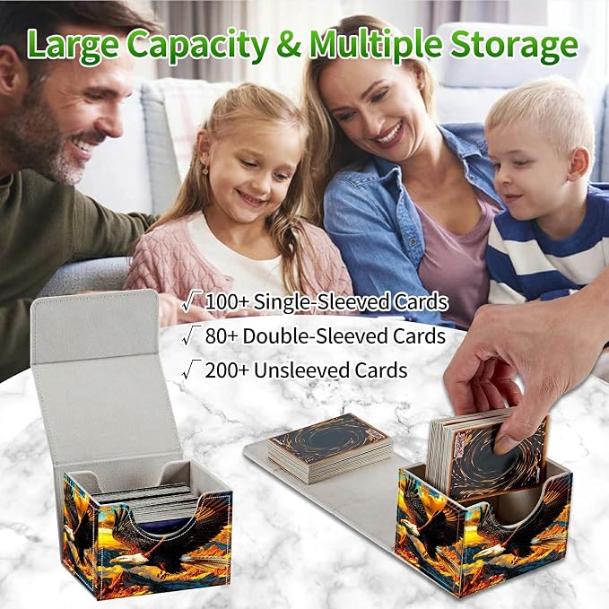 Card Deck Box for MTG, Cards Storage Box Fits 120+ Sleeved, Leather Small Size Strong Magnetic Closing Card Case for Board Games Magic TCG CCG Baseball Collection, Mountain Eagle