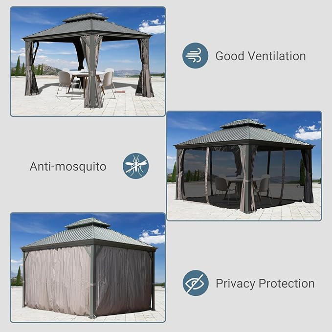 Domi 10’x12’ Hardtop Gazebo with Gutters, Outdoor Metal Gazebo for Patios with Galvanized Steel Double Roof, Heavy Duty Curtains and Netting Included, Pergola for Backyard, Garden Lawn, Deck, Grey