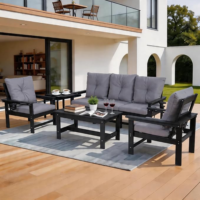 7-Piece HDPE Patio Conversation Set w/ 4 Cup Holders, All-Weather Outdoor Sectional Furniture, Thick Washable Cushions, Coffee Table & Side Table for Backyard Porch Poolside, Black