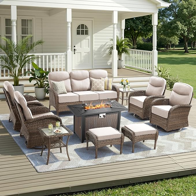 10 Pieces Luxury Patio Furniture Set with 42.5" Fire Pit Table, 6-Inch Thick Cushions Wicker Outdoor Furniture with Swivel Patio Chairs Set of 4, Outdoor Patio Conversation Set for Garden Deck, Beige