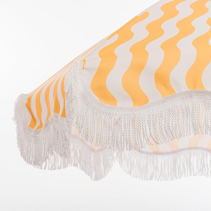 Business & Pleasure Co. Holiday Umbrella - Boho Beach Umbrella with White Fringe, UPF 50+, 1" Tilting Wood Pole, 5’ x 6.5’, Ocean Mimosa Stripe