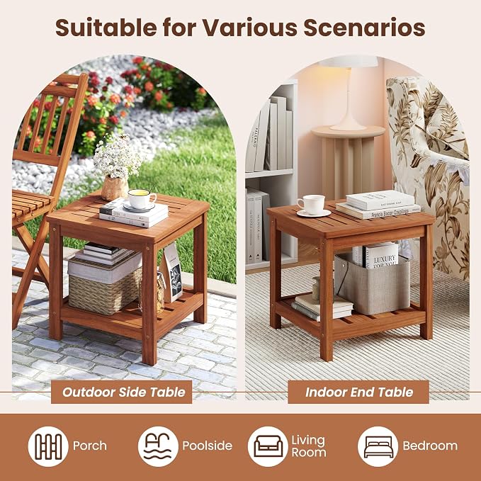 Tangkula Outdoor Side Table, 2-Tier Solid Wood Patio Table with Slatted Tabletop & Storage Shelf, Indoor Outdoor Square Small End Table for Patio, Garden, Yard, Porch, Living Room (1)