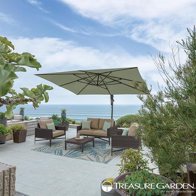 Treasure Garden AKZ PLUS Cantilever Umbrella 10'x13' Rectangular Sunbrella Cast Silver Canopy and Black Frame with Rolling Base