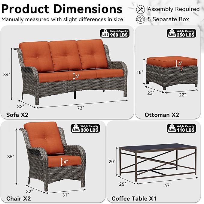 7 Piece Outdoor Wicker Patio Furniture Set, Patio Chairs Set with Thickened Olefin Cushions, High Back and Deep Seating, Hand-Woven PE Rattan, Ottoman for Porch, Deck