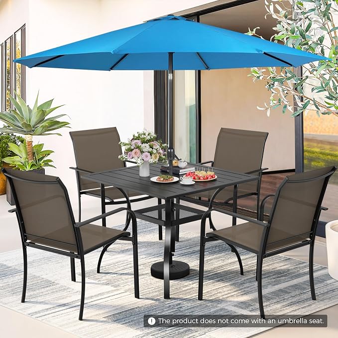Incbruce 6 Pieces Patio Dining Set with Sky Blue Umbrella, Outdoor Dining Set of 4 Textilene Chairs and Square Table with Umbrella Hole for Backyard, Garden, and Poolside (Brown)
