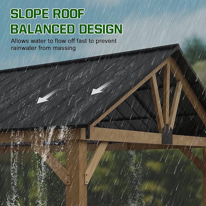 EAGLE PEAK 13x15 Hardtop Gazebo, Exposed Beam A-Frame Gazebo, Galvanized Steel Gable Roof with Cedar Wood Frame, Outdoor Pavilion for Patio, Deck, Lawn and Garden, Natural Wood/Black