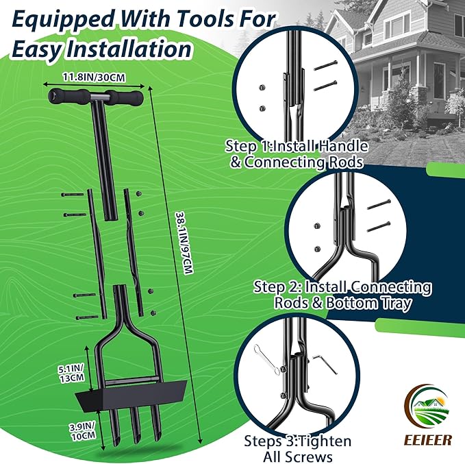 EEIEER Manual Lawn Aerator Tool with Soil Storage Basket - 2025 Upgraded Aerator Lawn Tool, 3 Tines Yard Aerators with Cleaning Tool, 38’’ Ergonomic Aeration Tools for Compacted Soil & Lawn Care