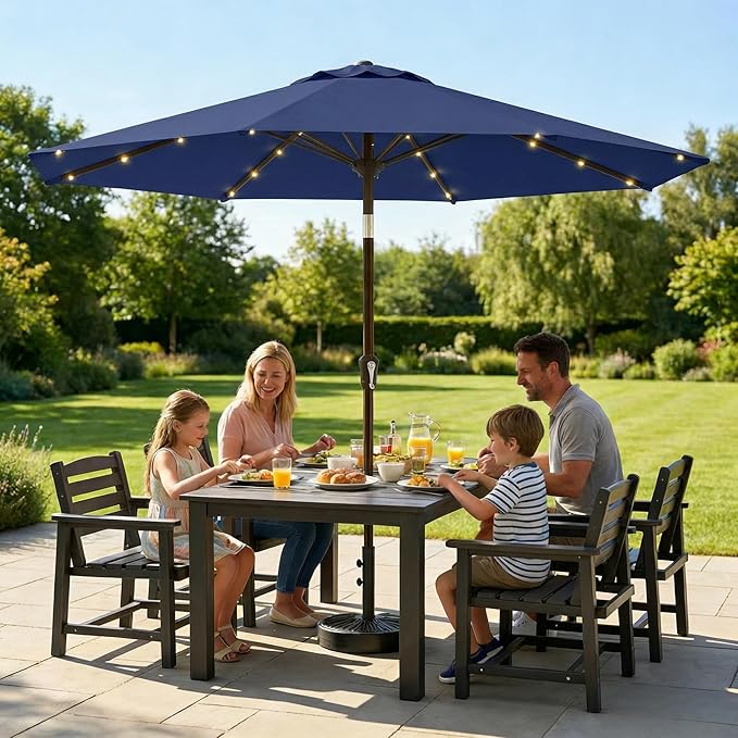 11FT Solar Lighted Patio Umbrella, Outdoor Table Market Umbrellas with Crank Lift, 32 LED Lights, 8 Sturdy Ribs, UV-Resistant for Deck, Garden, Pool