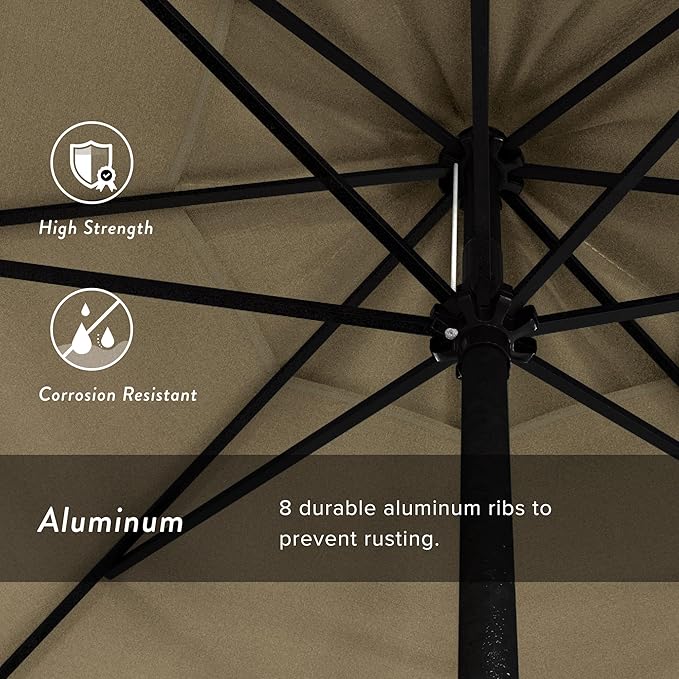 California Umbrella 12-Year Protection 9' Rd Aluminum Patio Umbrella, Crank Lift, Auto Tilt, Black Finish, Sunbrella Antique Beige