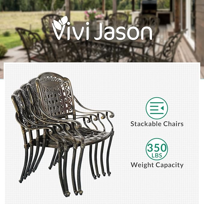 VIVIJASON 7-Piece Patio Furniture Dining Set, All-Weather Cast Aluminum Outdoor Conversation Set, Include 6 Chairs and a Rectangle Table with Umbrella Hole for Balcony Lawn Garden Backyard