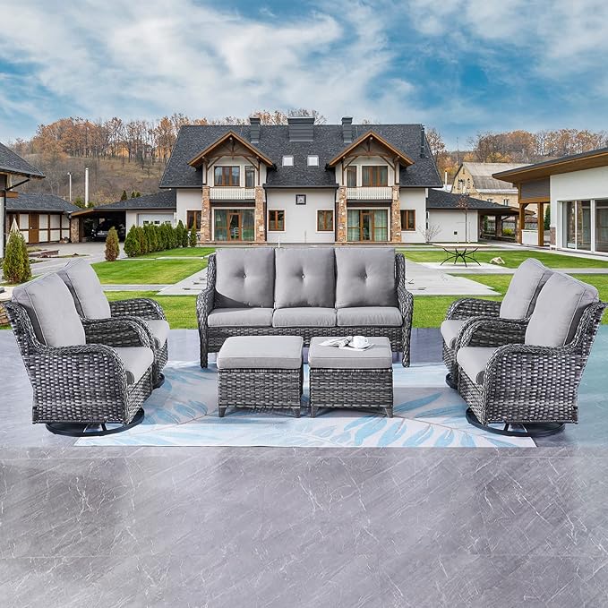 Rilyson Wicker Patio Furniture Set - 7 Piece Rattan Outdoor Sectional Conversation Sets with 4 Swivel Rocking Chairs,2 Ottomans and 1 Sofa for Porch Deck Garden(Mixed Grey/Grey)
