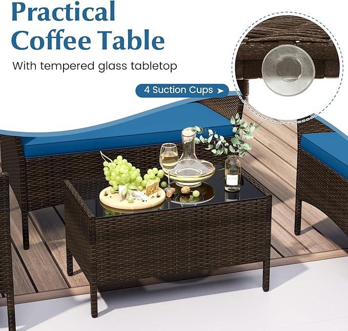 KOTEK 4 Piece Patio Furniture Set, Outdoor Rattan Conversation Set with Loveseat, Wicker Chairs, Tempered Glass Coffee Table, Wicker Patio Set for Backyard, Porch (Peacock Blue)