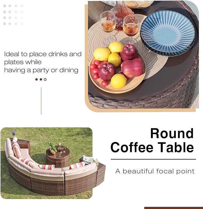 SUNSITT Outdoor 7-Piece Half-Moon Sectional Furniture Set with Round Coffee Table, Patio Curved Sofa Set, Beige Cushion and Brown Wicker, Incl. Waterproof Cover