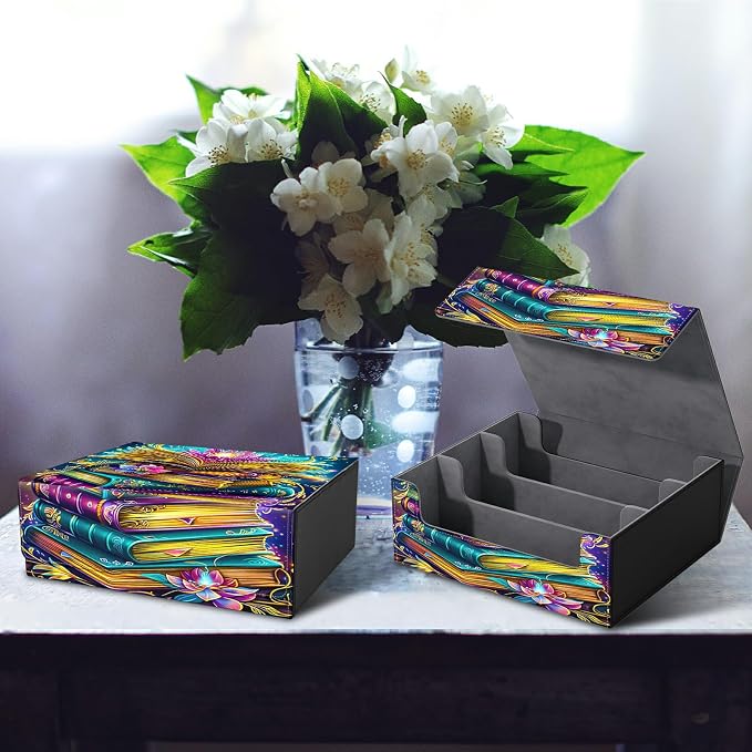 Card Deck Box for MTG, Cards Storage Box Fits 120+ Sleeved, Leather Big Size Strong Magnetic Closing Case for Board Games Magic TCG CCG Baseball Collection Women Man, Book Lotus Flower