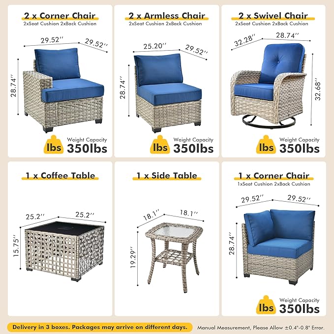 9 Pcs Outdoor Sectional Patio Furniture Set with Swivel Rocking Chair - All Weather Wicker Modular L Shaped Outside Sectional Couch,Patio Seating Outdoor Conversation Sets for Deck Yard,Navy Blue