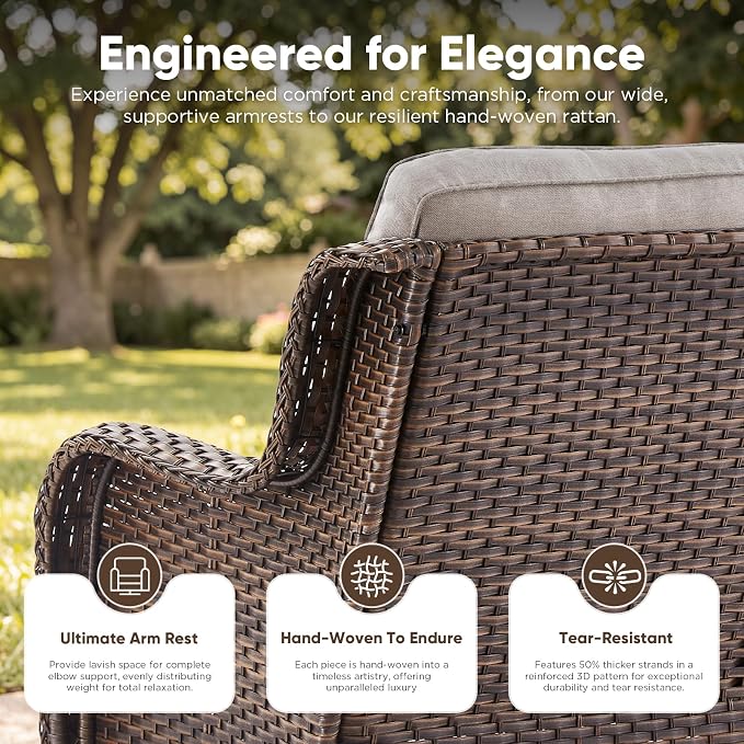 Belord Patio Sofa Luxury PE Wicker 3-Seater Outdoor Couch, Modern All-Weather High Back Deep Seat Woven Furniture Set for Porch, Deck, Balcony, Backyard - Brown/Beige