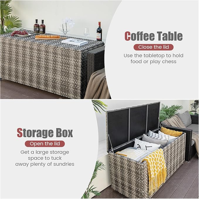 Tangkula 96 Gallon Deck Box, PE Wicker Outdoor Storage Box with 4 Wheels and Waterproof Liner, Outdoor Rectangular Storage Container for Cushions, Garden Tools (Mix Gray)