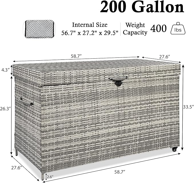 200 Gallon Wicker Deck Box with Wheels, All-Weather Outdoor Storage Box, Rattan Storage Bin for Patio Furniture, Outdoor Cushions, Pool Storage and Garden Tools - Grey