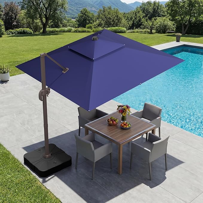 GENTEACO 10X10 FT Cantilever Umbrella, Large Offset Patio Umbrella with Double Top, 6 Angle Tilts & 360° Rotation, Large Square Sun Umbrellas for Outdoor Patio Pool Deck Market, Navy Blue