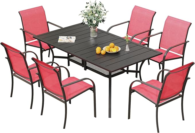 VICLLAX Patio Table and Chairs Set for 6, Patio Furniture Set of 6 Patio Stackable Dining Chairs and Outdoor Metal Table with Umbrella Hole for Backyard Lawn Garden, Red Chairs and Black Table