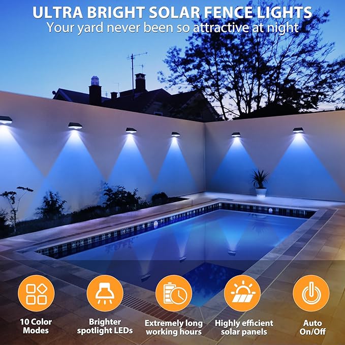 Solar Fence Lights,9 Lighting Modes ＆ Color Changing Mode IP65 Waterproof Outdoor, Solar Deck Lights for Outside/Patio/Backyard/Wall/Pool/Fence/Railing/Step(8Pack)