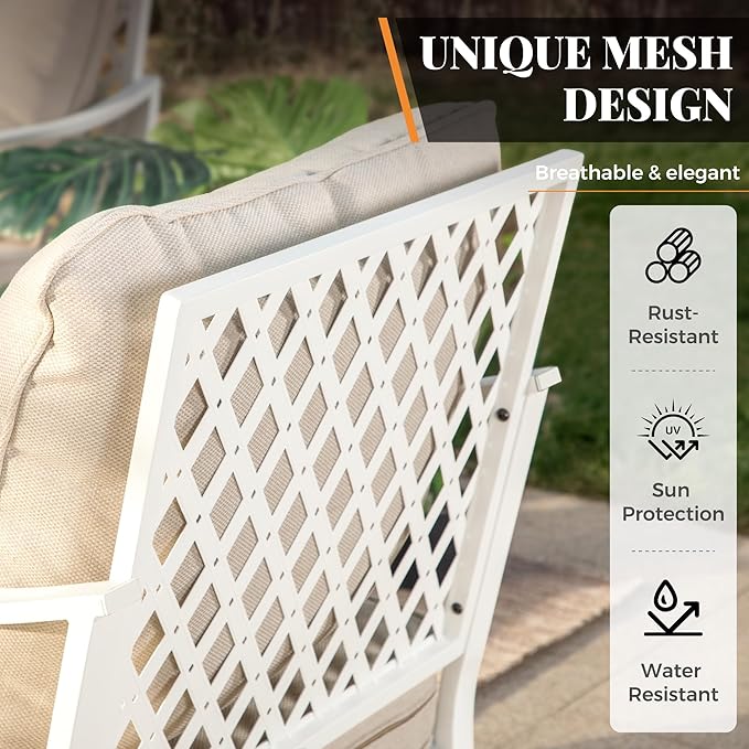6 Piece Patio Furniture Set, 4 x Fixed Chair, 1 x 3-Seat Sofa with Marbling Coffee Table, All Cushioned 7 Seats Outdoor Conversation Set for Lawn Garden Backyard, Beige