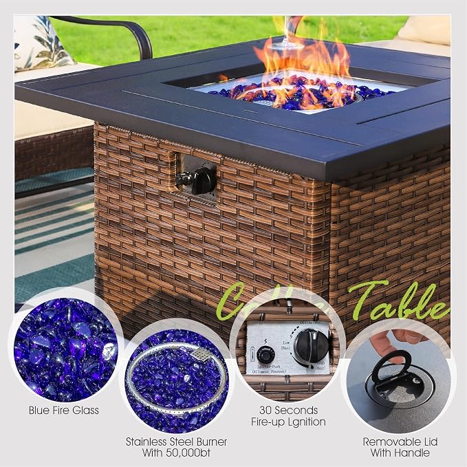 Sophia & William Patio Furniture Set with Fire Pit Table, 5 PCS Metal Outdoor Conversation Set Sofa Couch with Fire Pit Table, 4 Swivel Chairs for Outdoor Seating, Backyard, Porch(Blue)
