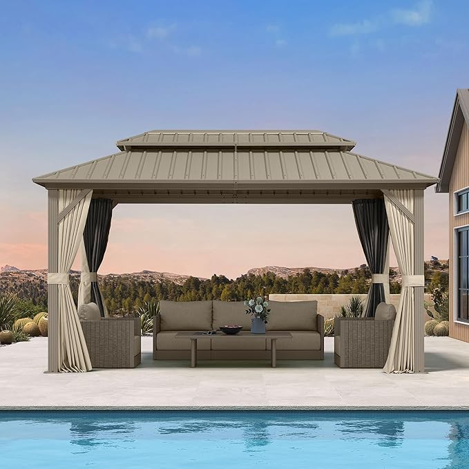 PURPLE LEAF 8' x 14' Outdoor Hardtop Gazebo, Champagne Aluminum Gazebo with Galvanized Steel Double Roof, Curtains and Netting for Patio Lawn and Garden